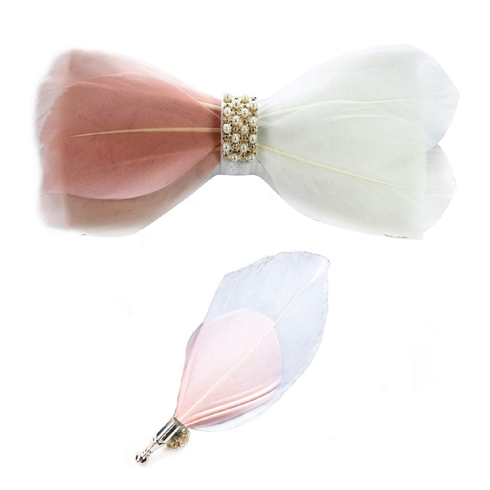 Mens Natural Feather Pearl Pre-Tied Bow tie Lapel